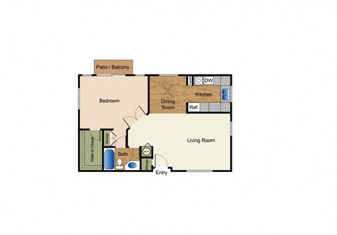 One bedroom one bath apartment floorplan